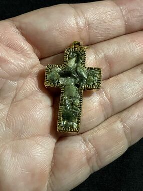 Gold-Tone Cross Pendant with Green Stone Inlay
